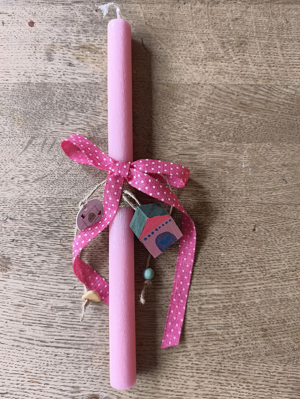 Λαμπάδα Χειροποίητη Wooden Mini House - Pink & Green